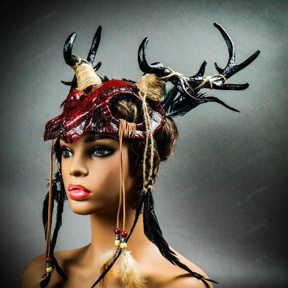 Bloody Red Antelope Devil Deer Horn Skull Mask - Picture 10 of 10